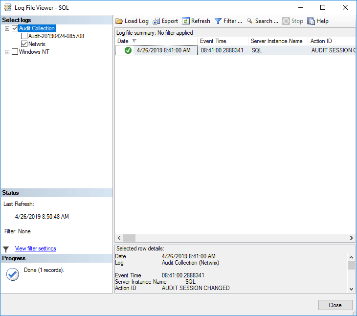 Reviewing SQL Server audit logging in the Log File Viewer
