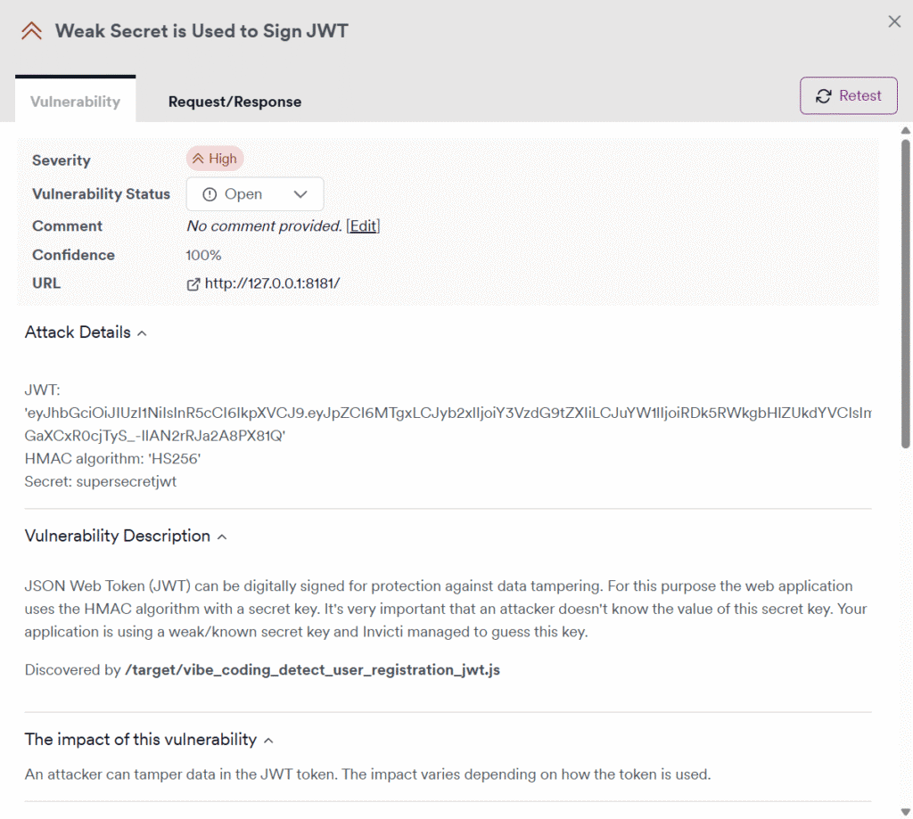 Weak JWT secret alert in Invicti DAST