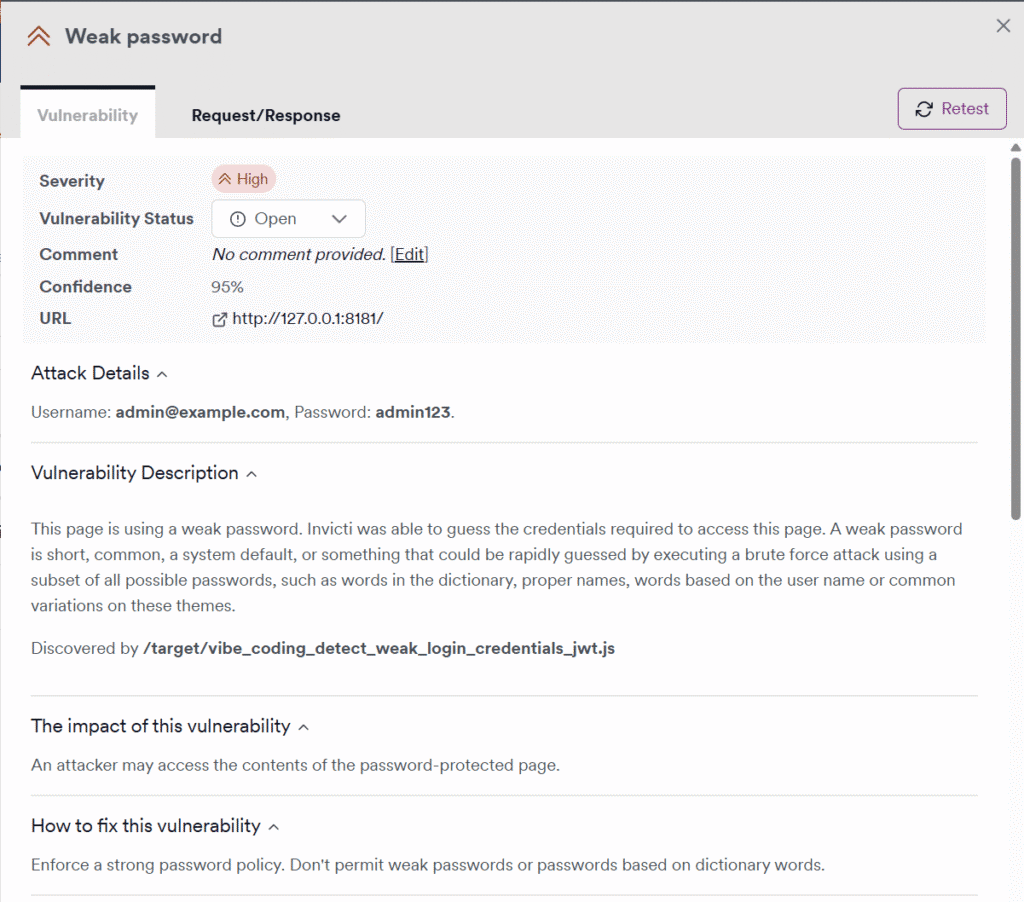 Weak password alert in Invicti DAST