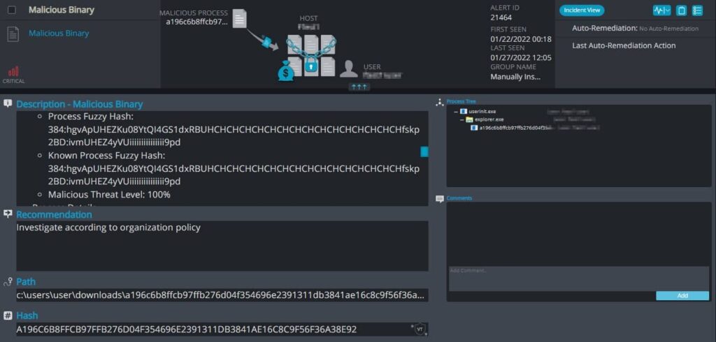 Cynet detects the malicious binary of the files