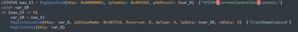 HermeticWiper disables the crash dump generation using the registry key