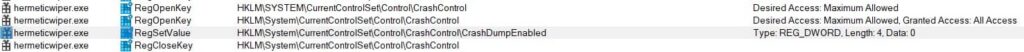 HermeticWiper disables the crash dump generation using the registry key