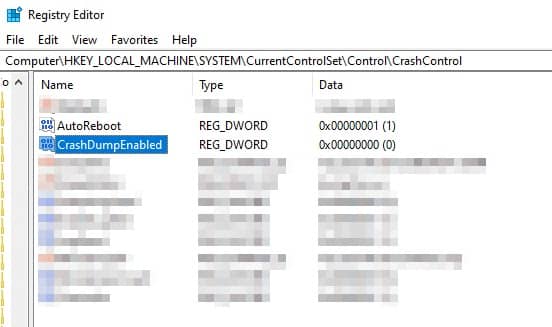 registry key value for “CrashDumpEnabled” has changed