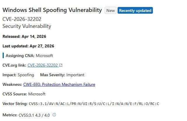 Microsoft CVSS for CVE-2026-32202