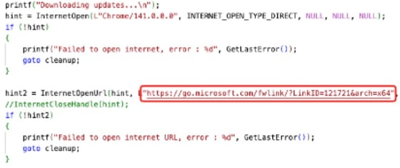 The exploit retrieves legitimate Defender update content used later in the chain