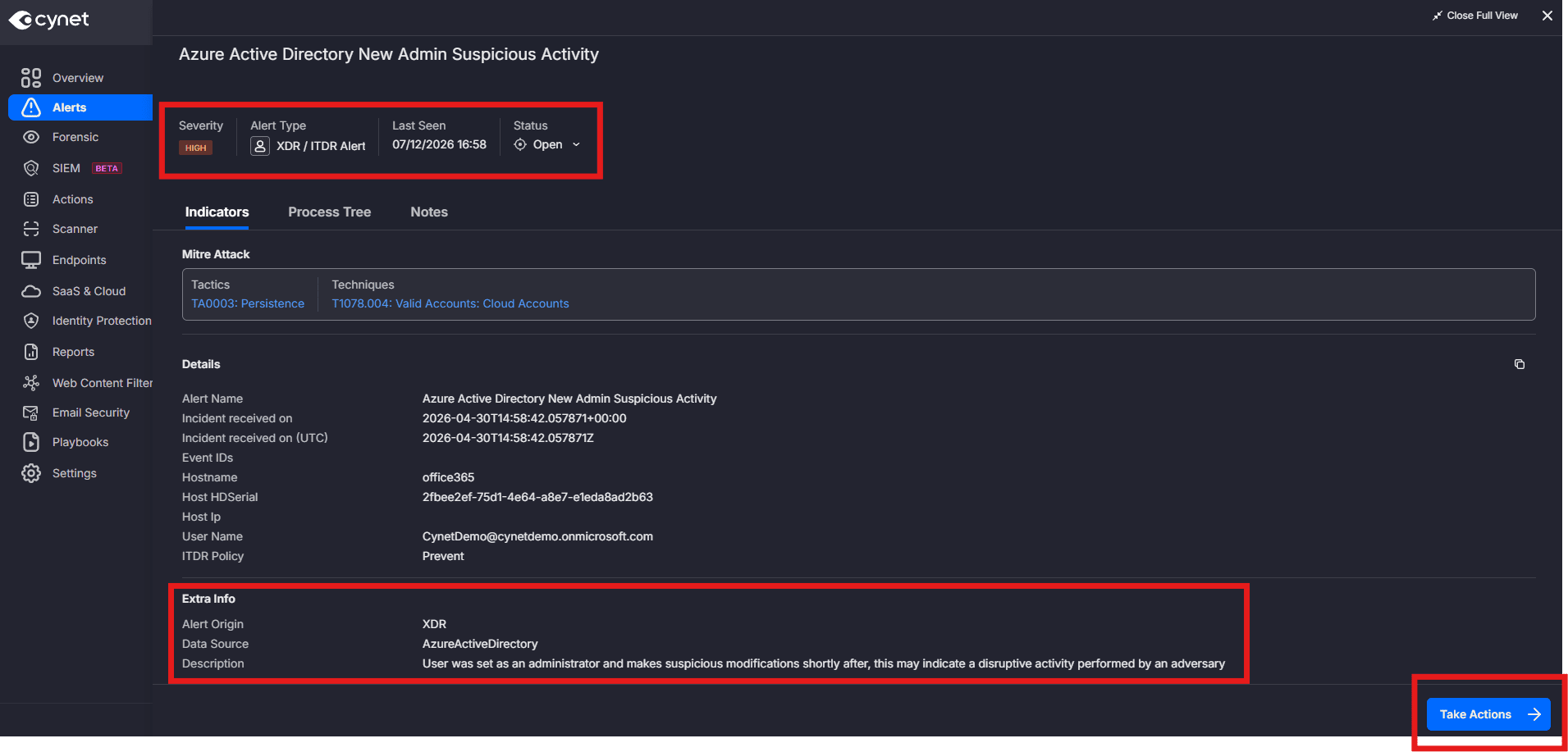 Actions from alert