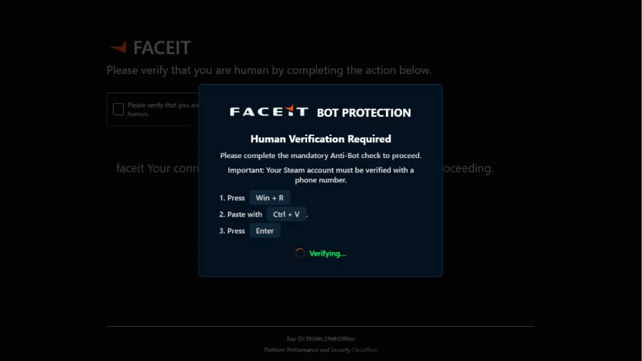 ClickFix site from the HijackLoader campaign masquerading as FACEIT and Cloudflare 