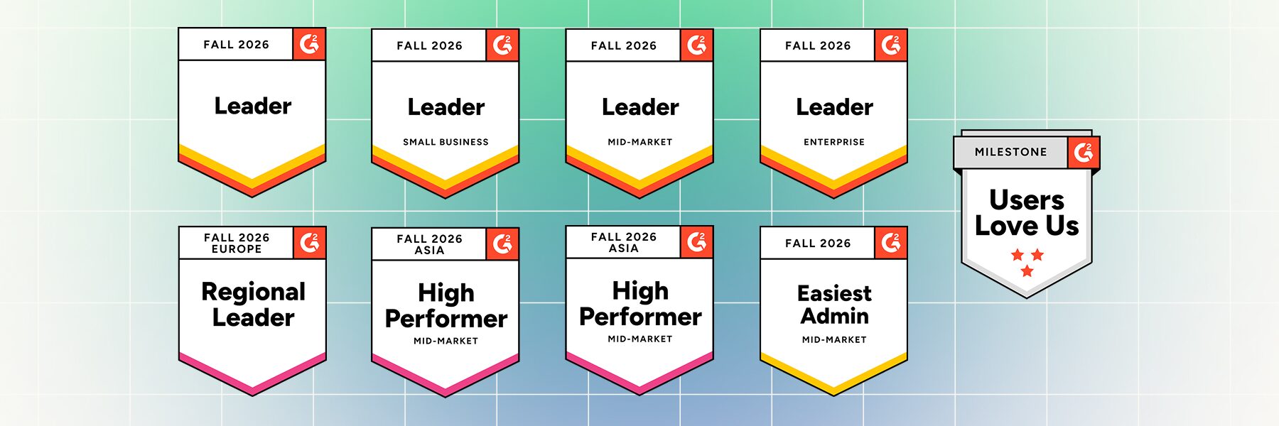 badges across G2’s Fall 2026 market segments, regions, and categories