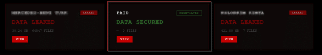 A relabeled victim entry showing “PAID” “DATA SECURED” status.