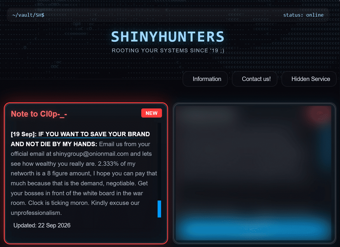 ShinyHunters’ “Note to Cl0p” ransom demand on its leak site. Source Cynet CyOps September 2026 CTI Report